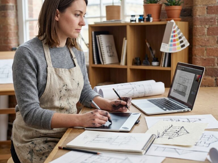 Jeune femme illustratrice assise à une table à dessin alliant croquis au crayon et tablette graphique numérique dans un atelier créatif
