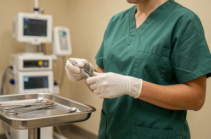 Infirmière instrumentiste en tenue stérile manipulant des instruments chirurgicaux sur une table de mayo en bloc opératoire