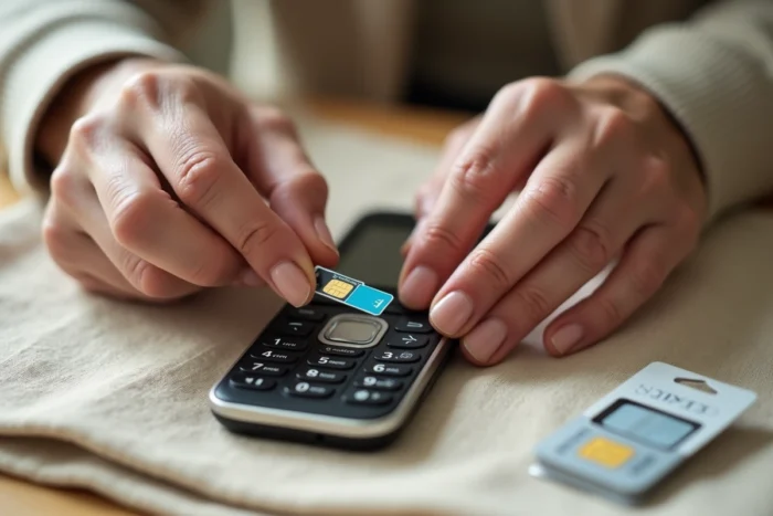 Gros plan sur l'insertion d'une carte SIM dans un téléphone Doro