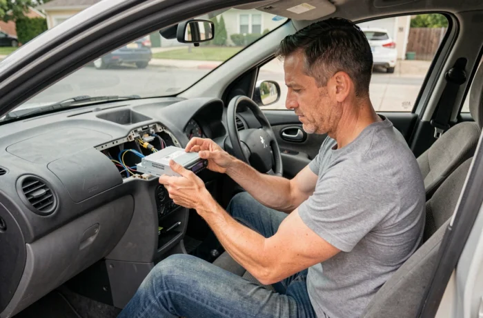 Homme installant un autoradio aftermarket dans le tableau de bord d'une Peugeot 206 garée dans une allée résidentielle