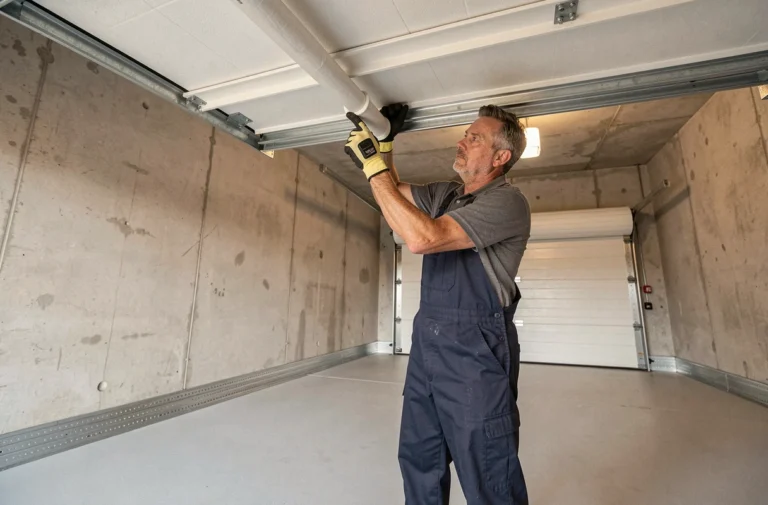 Technicien installant une porte de garage enroulable dans un garage moderne avec rails en métal