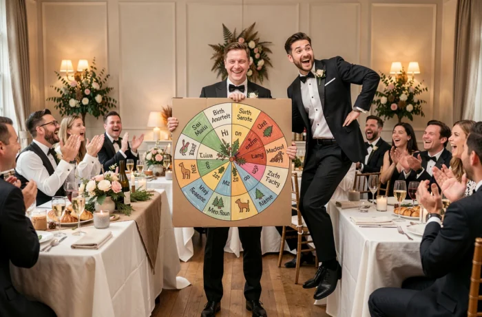 Animateur tenant une roue des douze mois et invité se levant pour un gage saisonnier lors du repas de mariage