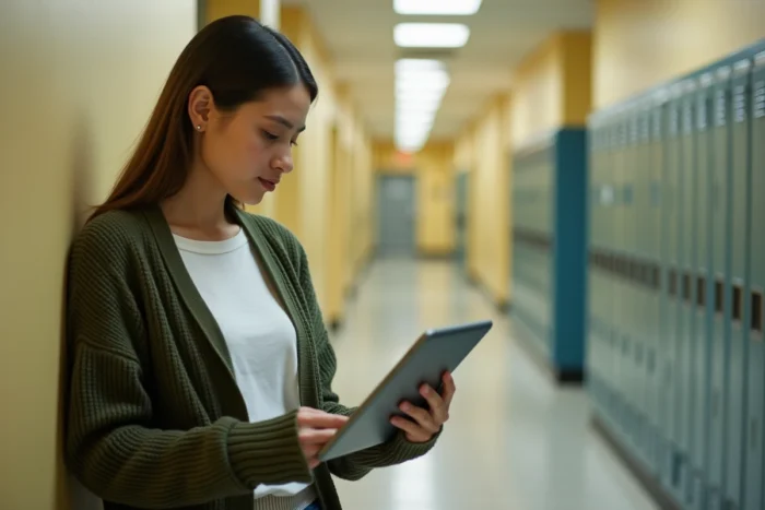 Jeune enseignante consultant un guide de connexion iProf sur une tablette dans un couloir scolaire
