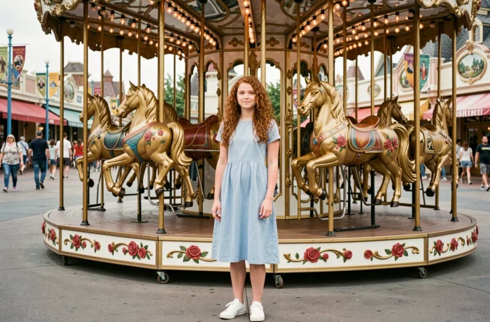Jeune fille souriante devant le carrousel décoré du parc Voyage aux Pays des Merveilles