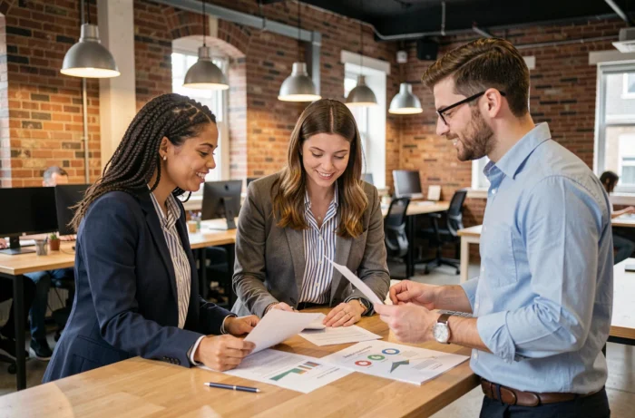 Jeunes professionnels diplômés Bac+2 collaborant autour de documents dans un espace de coworking moderne