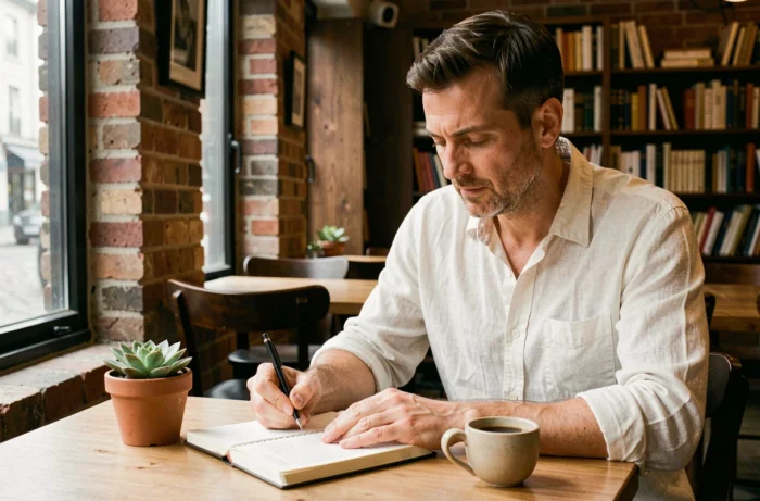 Homme écrivant dans un journal dans un café cosy, incarnant une routine positive et un mode de vie épanouissant