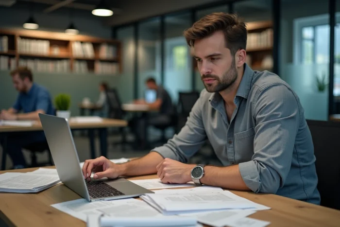 Journaliste consultant des documents confidentiels dans une salle de rédaction moderne