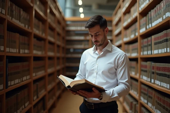 Juriste consultant un ouvrage de droit européen dans une bibliothèque juridique spécialisée