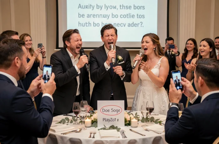 Invités de mariage chantant en karaoké sur deux chansons sélectionnées lors de l'animation du repas
