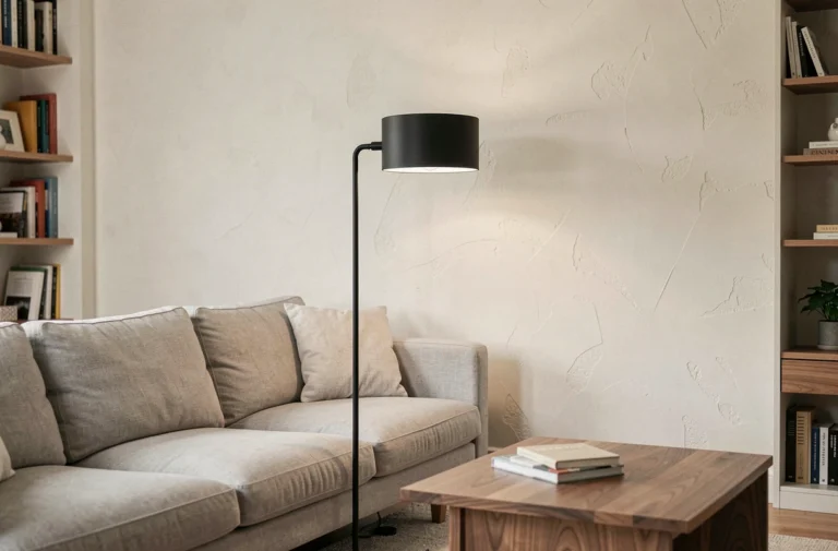 Lampadaire noir mat contemporain dans un salon moderne avec canapé en lin gris et table basse en noyer
