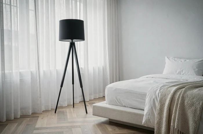 Lampadaire trépied noir style scandinave dans une chambre épurée avec parquet en chêne clair et literie blanche