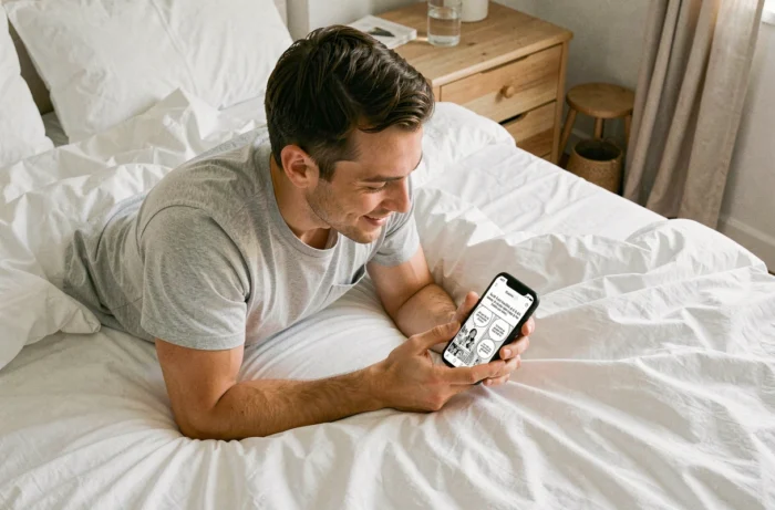 Homme adulte lisant des mangas en français sur smartphone allongé sur son lit