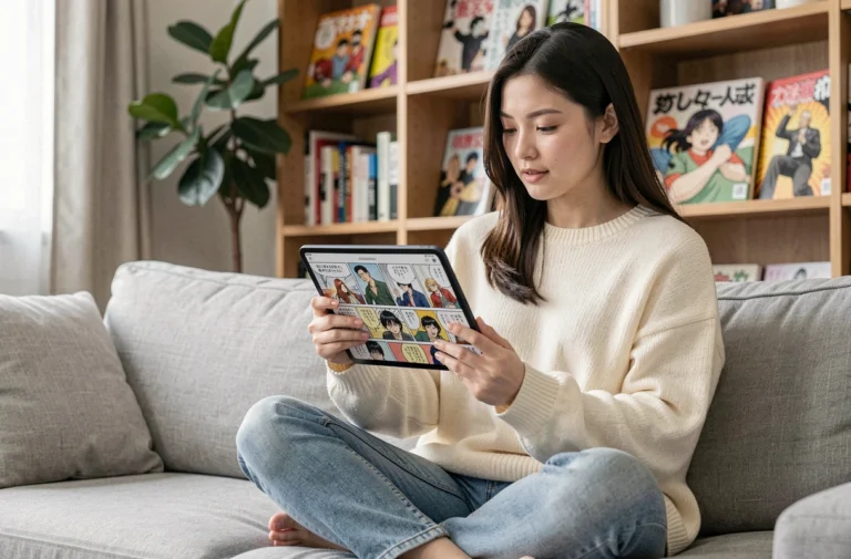 Jeune femme lisant un manga en français sur une tablette dans un salon moderne et cosy