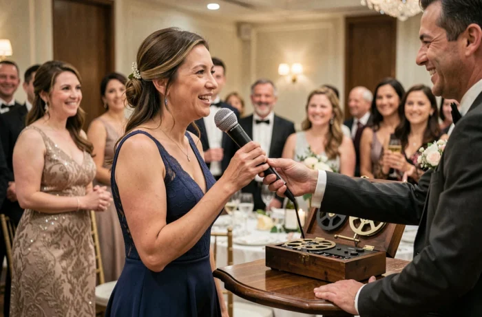 Invité enregistrant un message vocal dans un livre d'or audio avec micro baladeur lors d'un repas de mariage