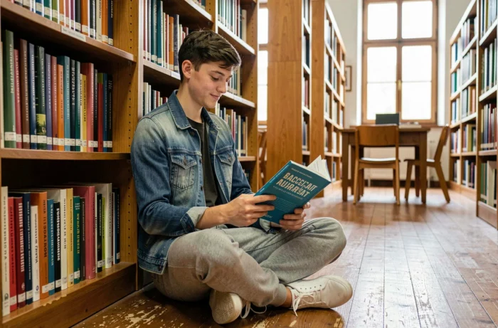 Lycéen en première qui consulte un guide de préparation au bac dans une bibliothèque scolaire