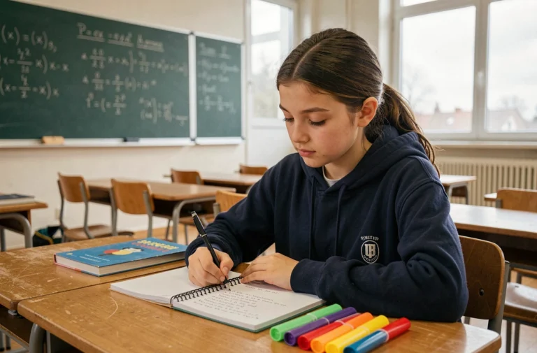 Lycéenne de seconde qui révise ses cours dans une salle de classe française avec des cahiers et surligneurs colorés