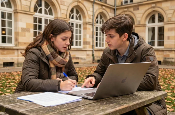 Deux lycéens qui travaillent ensemble sur un ordinateur portable dans la cour de leur lycée en automne