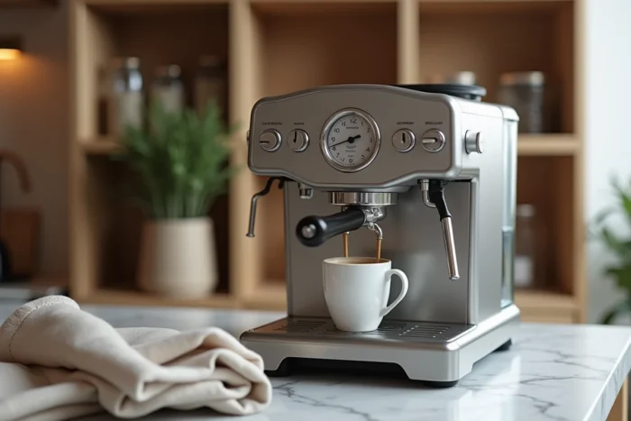 Machine à expresso en acier inoxydable sur un plan de travail en marbre avec tasse en céramique et crema dorée