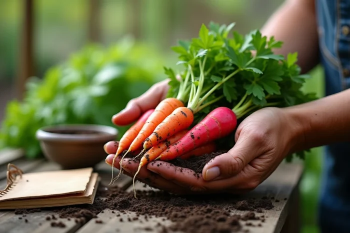 Mains d'un jardinier tenant des légumes bio fraîchement récoltés du potager, radis carottes et persil