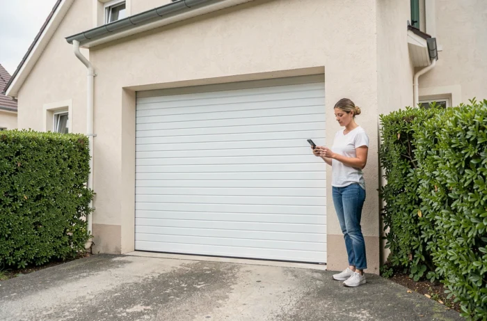 Femme devant une maison avec porte de garage enroulable motorisée installée sur façade beige