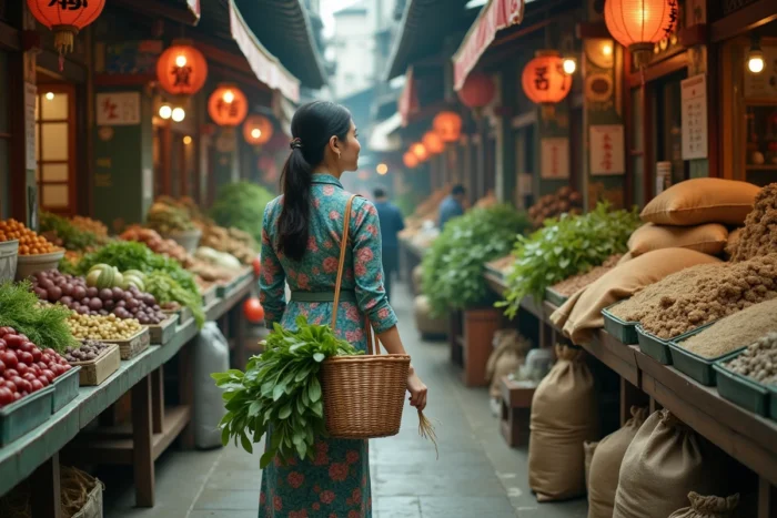 Femme faisant ses courses dans un marché traditionnel animé du quartier Haizhu à Guangzhou
