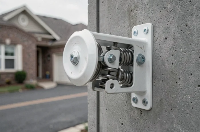 Détail du mécanisme à ressort et tambour d'une porte de garage enroulable en aluminium blanc