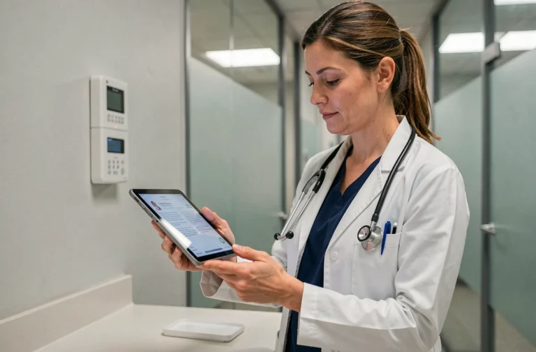 Médecin femme consultant une ressource médicale numérique sur tablette dans un couloir hospitalier moderne