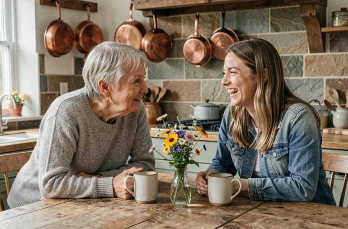 Mère et fille partageant un moment complice autour d'une table de cuisine, illustrant la relation familiale et l'influence maternelle
