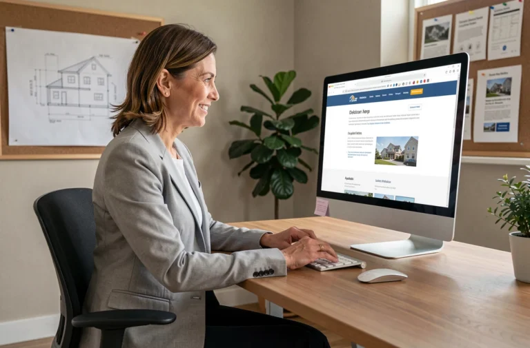 Femme professionnelle naviguant sur le plan du site Yvazur Construction depuis un bureau moderne
