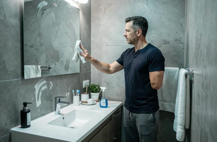 Homme nettoyant le miroir de la salle de bain avec un chiffon en microfibre, conseil entretien maison
