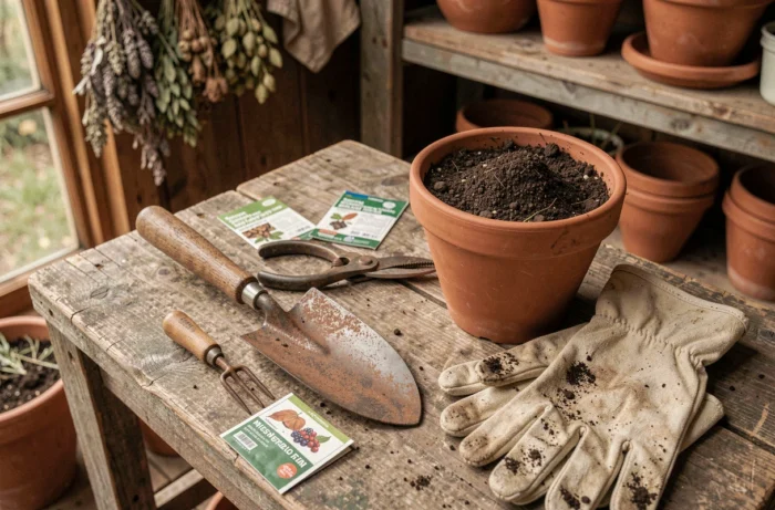 Outils de jardinage essentiels disposés sur un établi en bois dans une serre, conseils pratiques pour jardiner