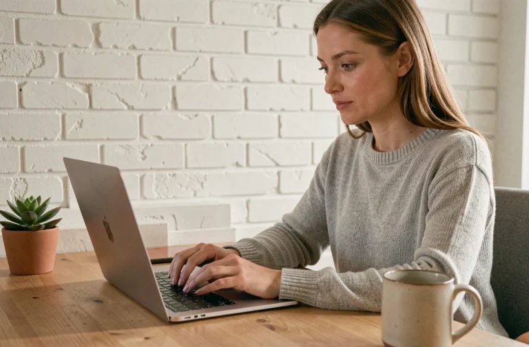Femme effectuant un paiement en ligne simplifié sur son ordinateur portable dans un bureau à domicile moderne