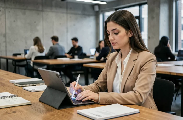 Jeune professionnelle effectuant un paiement en ligne sur une tablette dans un espace de coworking contemporain