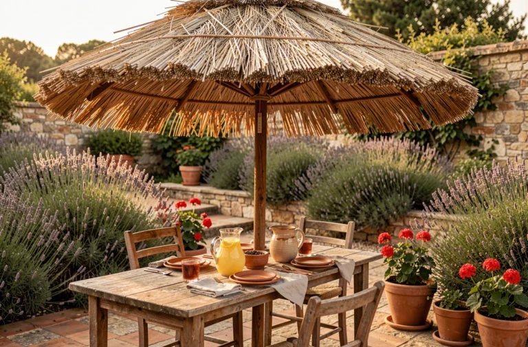 Parasol en paille au-dessus d'une table de jardin rustique avec vaisselle en terre cuite dans un jardin provençal ensoleillé