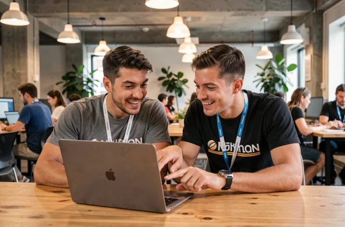 Deux passionnés de technologie collaborant sur un ordinateur portable dans un espace de coworking moderne, découvrant des ressources high-tech en ligne