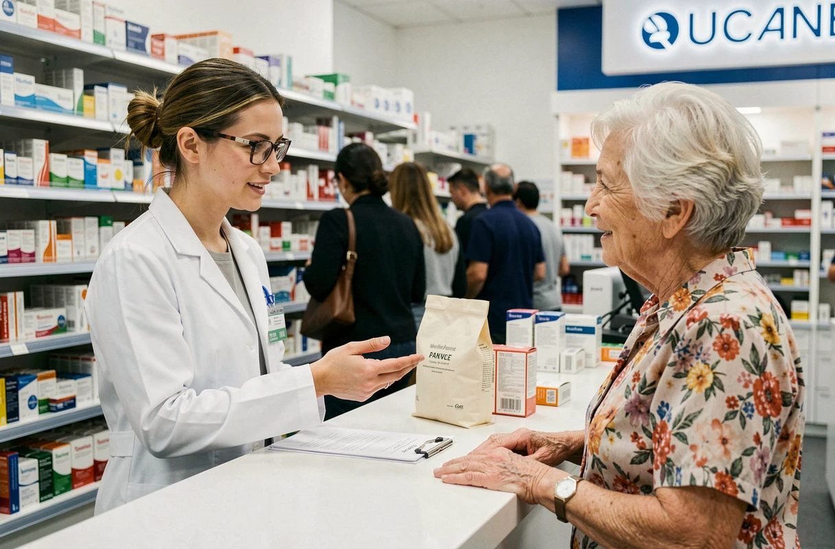 Pharmacienne expliquant les instructions médicamenteuses à une patiente âgée au comptoir d'une pharmacie moderne