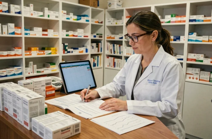 Pharmacienne analysant des rapports de gestion dans l'arrière-boutique d'une pharmacie bien organisée