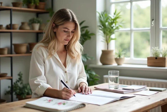 Femme planifiant son mariage à un bureau en bois avec des carnets, échantillons de tissu et listes de contrôle détaillées