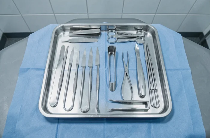 Plateau chirurgical stérile avec instruments de chirurgie disposés avec précision sur un champ opératoire bleu en salle d'opération