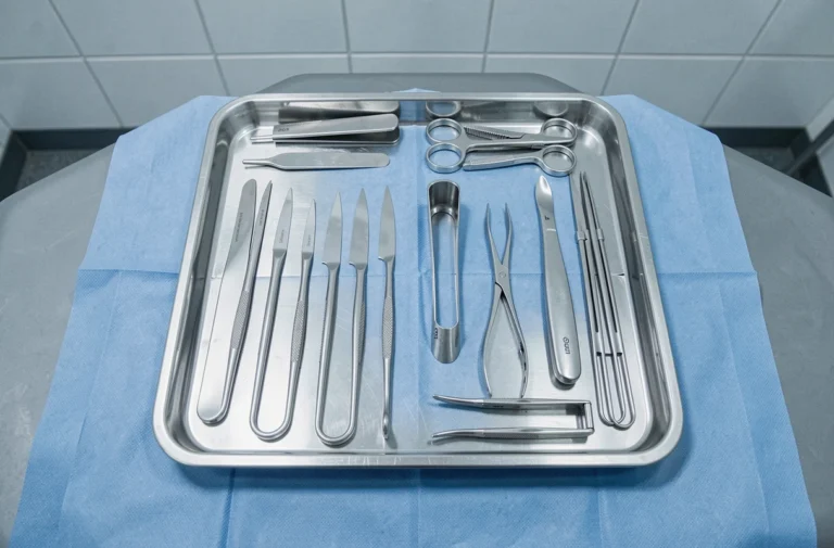 Plateau chirurgical stérile avec instruments de chirurgie disposés avec précision sur un champ opératoire bleu en salle d'opération