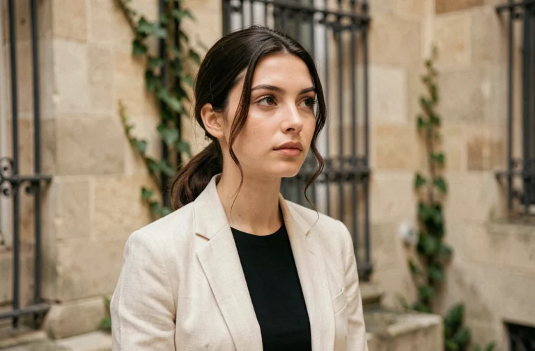 Portrait éditorial d'une jeune actrice française prometteuse dans une cour parisienne en pierre, regard pensif et tenue élégante