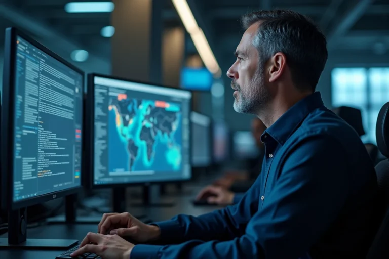 Professionnel de la cybersécurité analysant des alertes sur plusieurs écrans dans un centre opérationnel moderne
