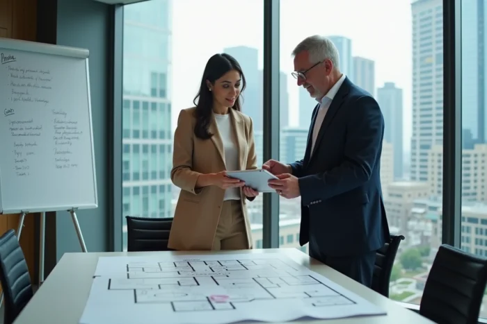 Deux professionnels de l'immobilier consultant l'interface Liloo BSK sur une tablette en salle de réunion