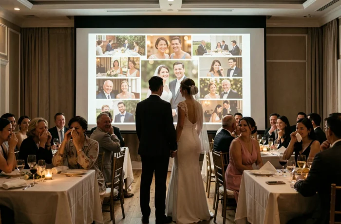 Invités regardant une projection vidéo rétrospective du couple sur grand écran lors du repas de mariage