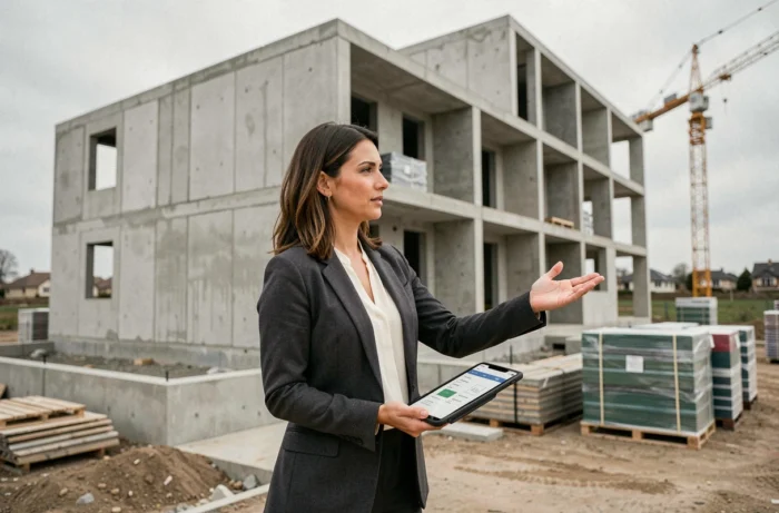 Promotrice immobilière devant un immeuble résidentiel en construction tenant une tablette avec des graphiques de prix
