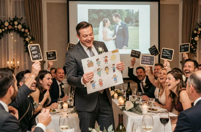 Animateur tenant des cartes de quiz personnalisé sur le couple lors d'un repas de mariage avec invités participant