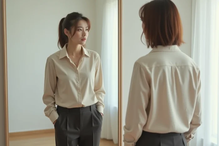 Personne se regardant dans un miroir avec une expression ambivalente, métaphore visuelle du changement de comportement et de l'identité multiple