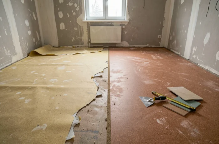 Vue d'ensemble d'une rénovation de sol montrant la transition entre un vieux balatum vinylique et un nouveau linoléum naturel argile