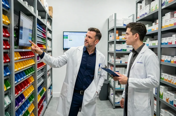Responsable de pharmacie formant un collègue devant un système de gestion des stocks numérique