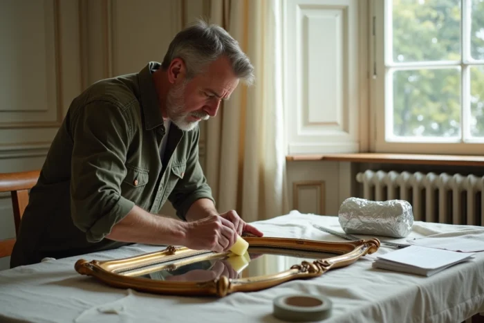 Homme appliquant un produit de restauration au dos d'un miroir ancien démontré sur une table dans un appartement de style haussmannien